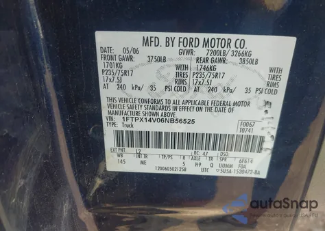 2006 Ford F-150 Fx4/Lariat/Xl/Xlt из США, поврежденный, VIN 1FTPX14V06NB56525